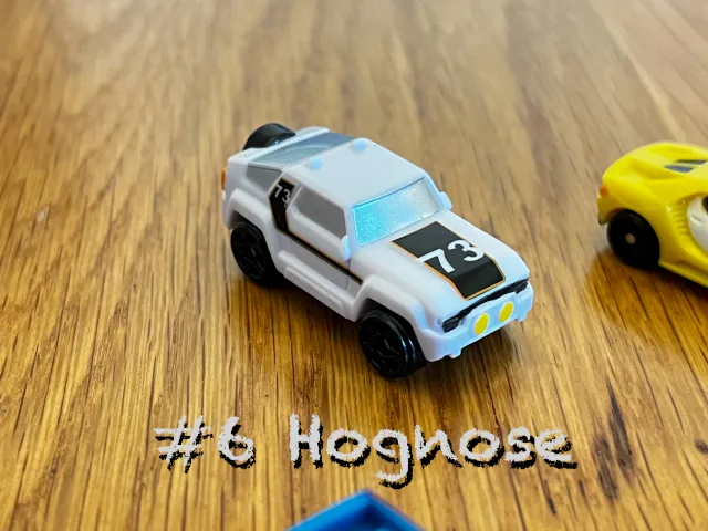 A carousel photo displaying the sixth vehicle named 'Hognose' out of an array of 'Standard cars', at full size. The car is painted white with a rectangular black bonnet printed with the number '73'.