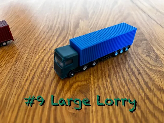A carousel photo displaying the ninth vehicle named 'Large Lorry' out of an array of V.I.A. 'mini Large Vehicles', at mini size. The vehicle is painted Sea-blue with a standard longer lorry design.