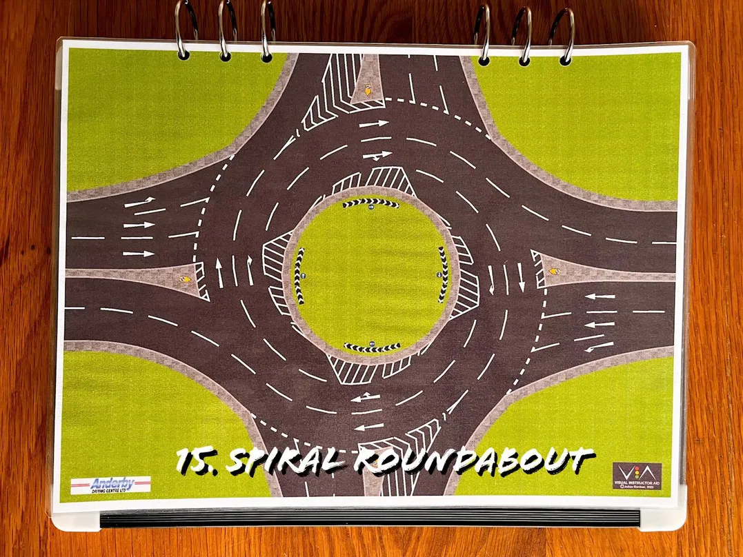 A carousel photo displaying the fifteen plan named 'spiral roundabout' out of an array of roads layouts, at full size. Consisting of multiple spiral lanes surrounding the roundabout.
