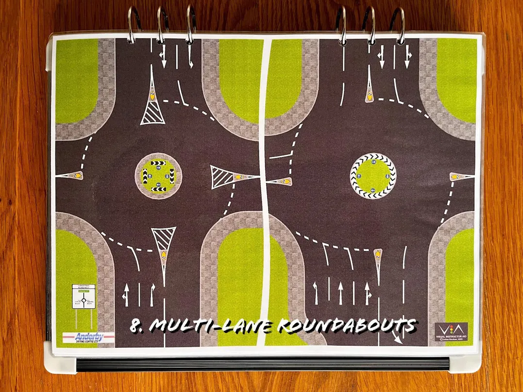 A carousel photo displaying the eighth plan named 'multi-lane roundabouts' out of an array of roads layouts, at full size. Consisting of semi designs; first having two lanes whilst the second design three lanes.