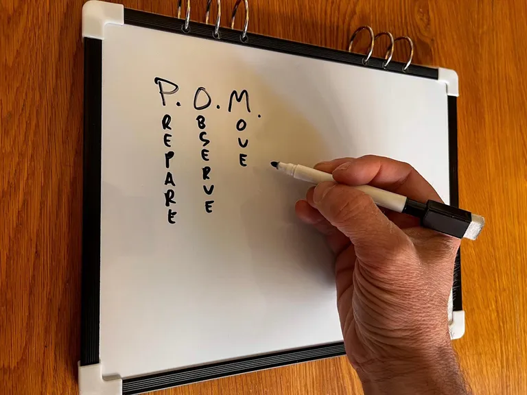 Julian writing the MSM(PSL), LADA and P.O.M using the V.I.A. whiteboard and black marker pen.