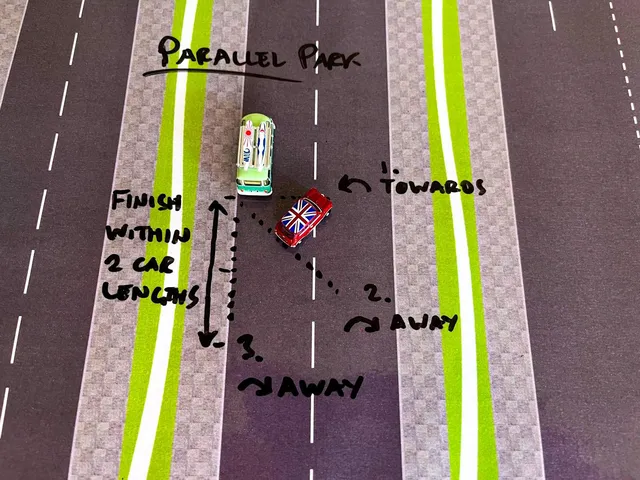 Red magnetic car demonstrating the parallel parking routine with written steps on the road layout.
