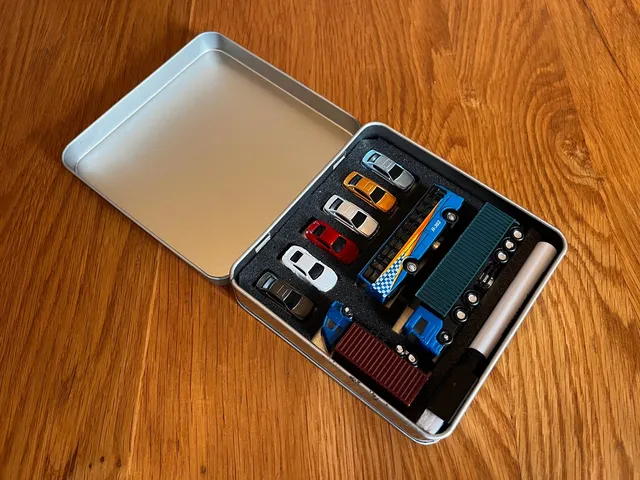 Kit includes a metal tin comprising of mini cars, a bus, pen and more.